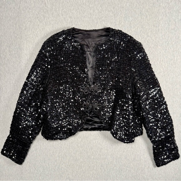 Vintage Union Made ILGWU Black Sequin Cropped Bolero Jacket w/ Frog Closure - Picture 6 of 16